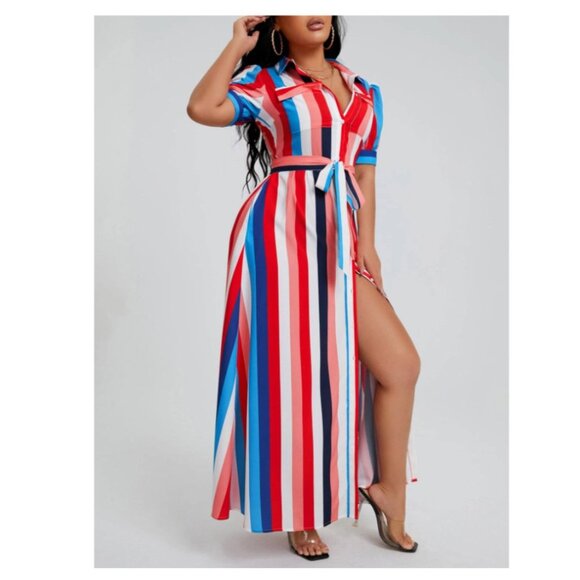 SHEIN VCAY Rainbow Striped Flap Pocket Belted Shirt Dress, Women, Small - Picture 3 of 5